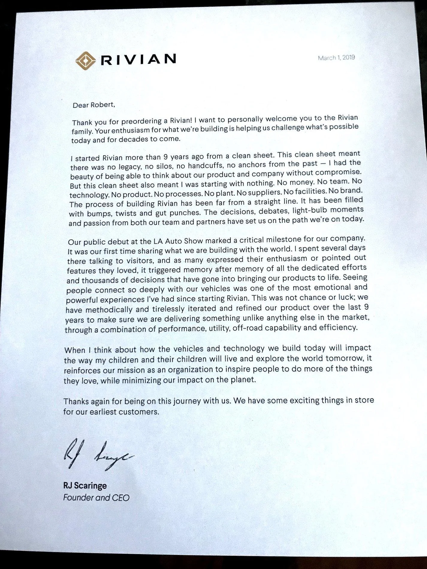 Rivian R1T R1S Anyone get your Rivian preorder gift / swag? Rivian letter 032519