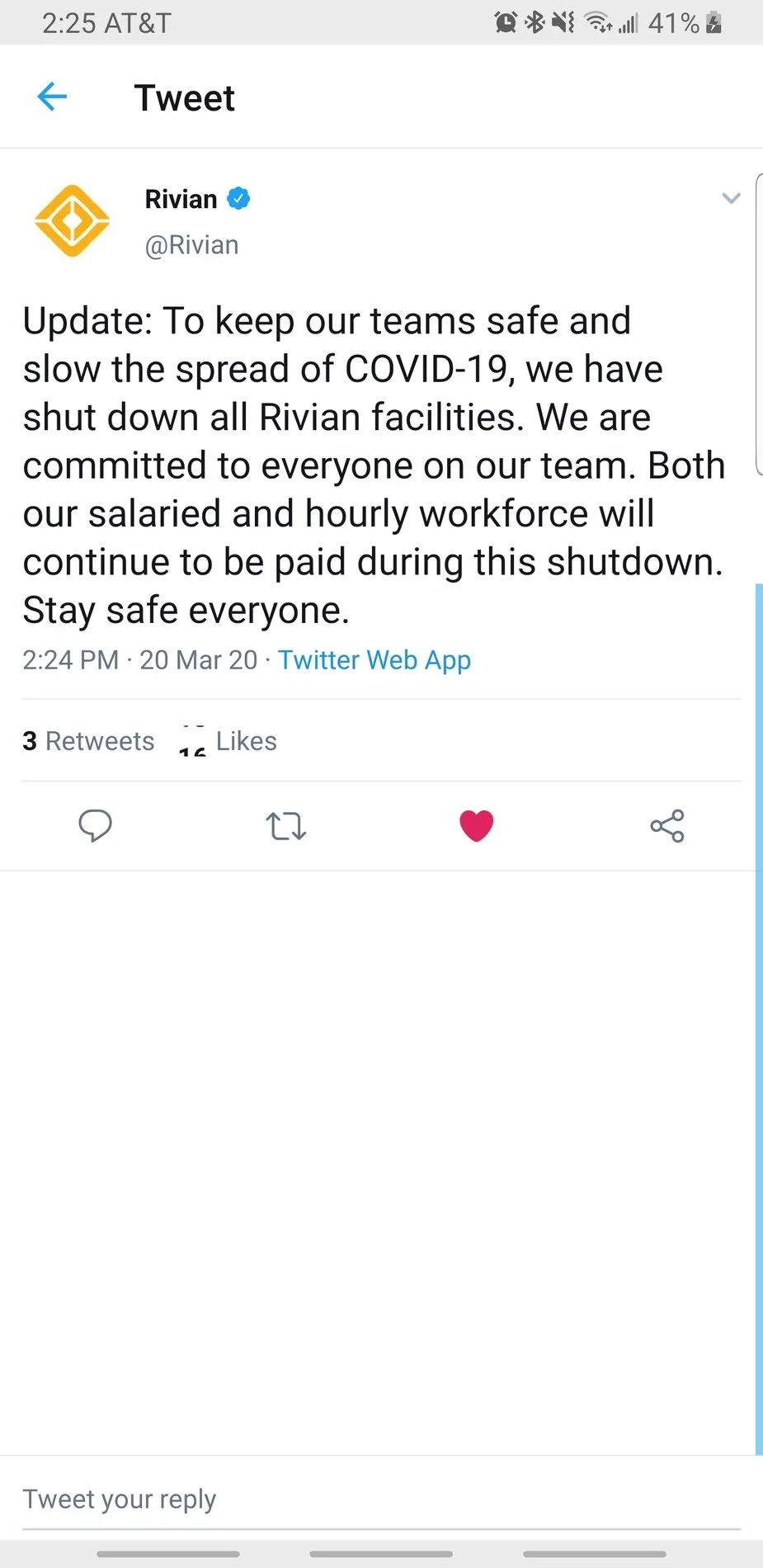 Rivian R1T R1S Rivian Shuts Down All Facilities to Slow Spread of COVID-19 / Coronavirus Screenshot_20200320-142505_Twitter
