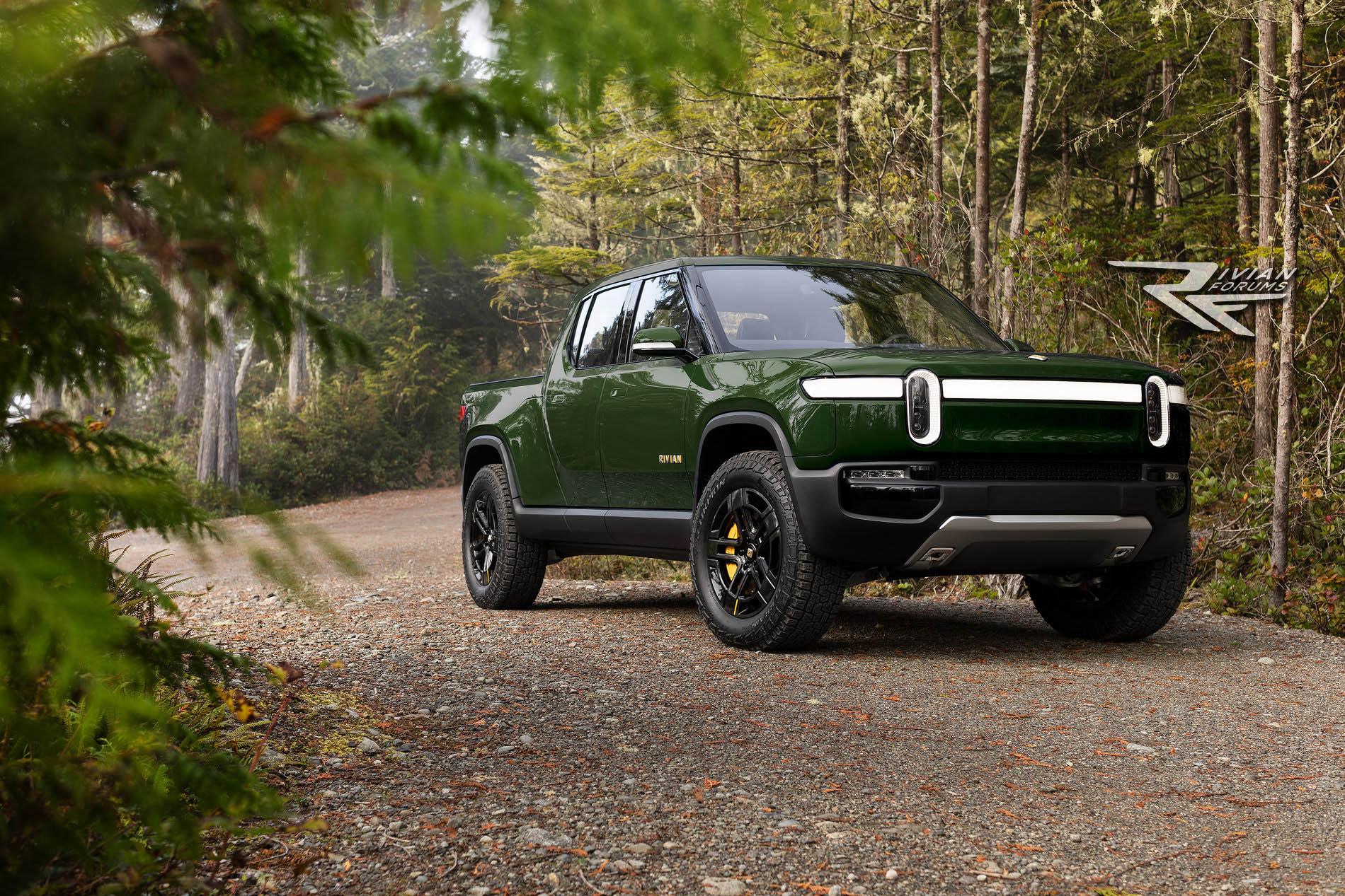 Rivian R1T R1S R1T on an FSR, previewed in all colors we know so far. R1T-green