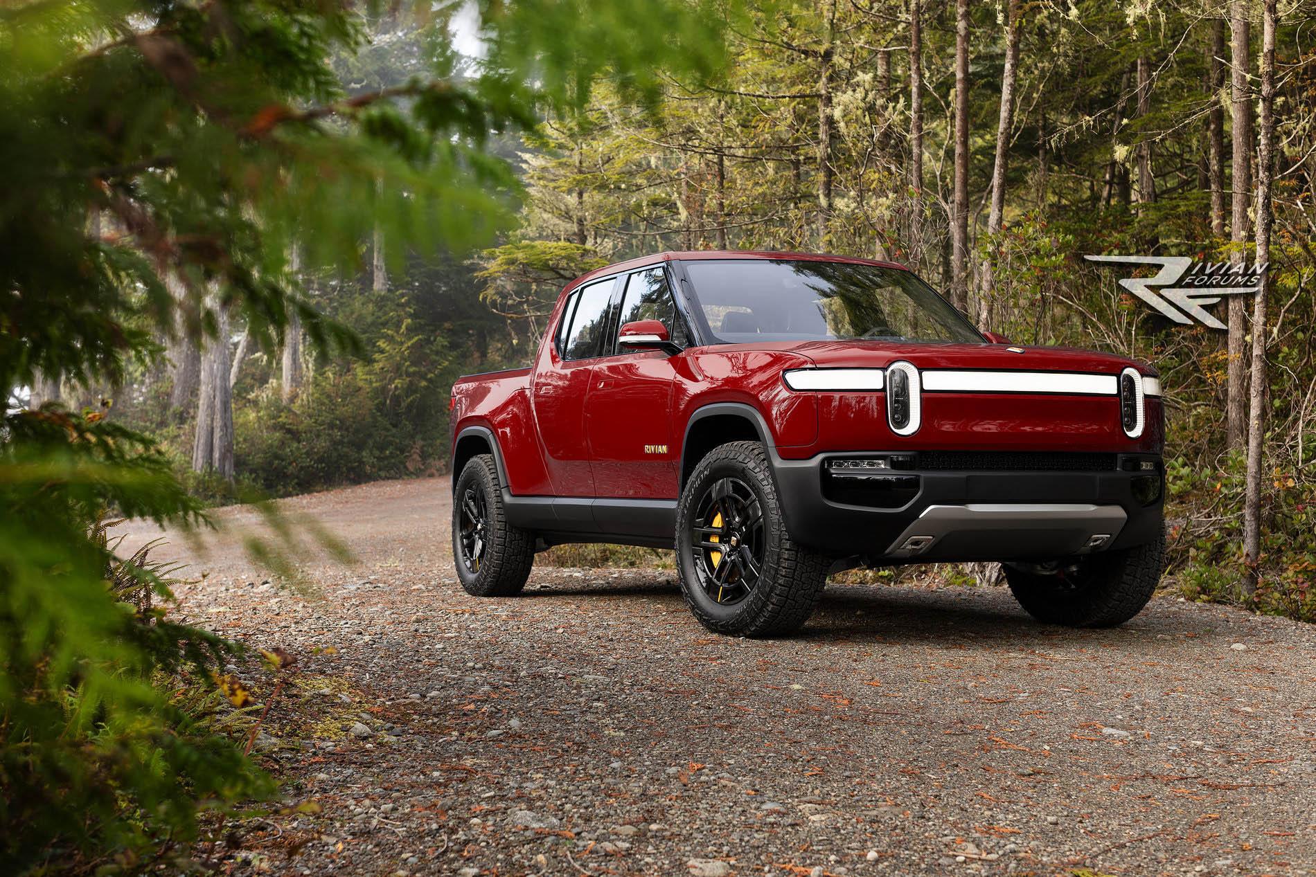 Rivian R1T R1S R1T on an FSR, previewed in all colors we know so far. R1T-red