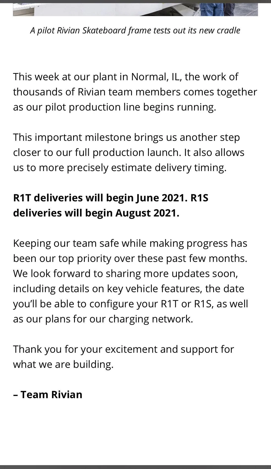Rivian R1T R1S Rivian Announces New Timelines - R1T Delivery Begins June 2021 and R1S in August 2021. Pilot Production Starts 60175465-967C-45AF-847A-C30A91B12708