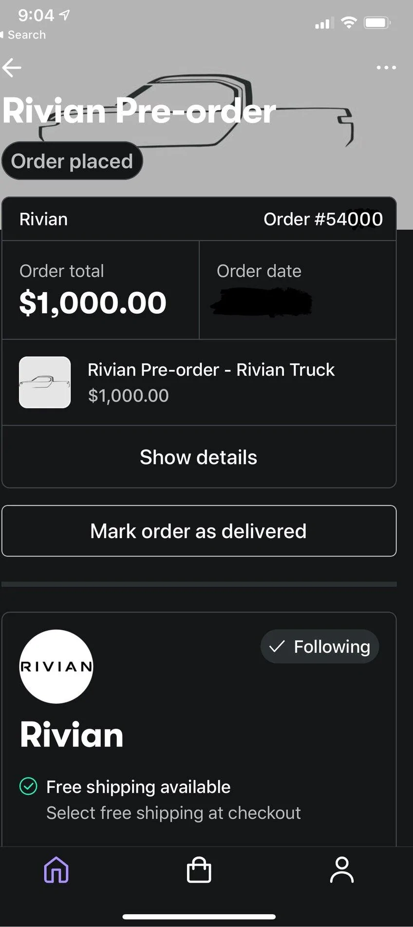 Rivian R1T R1S SHOP app gave me a possible  order number. 94A53840-C5F7-48CF-959B-DF41582A4BFC