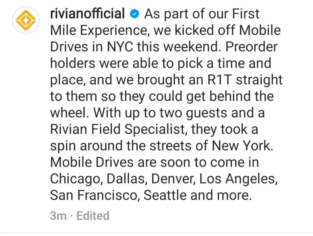 Rivian R1T R1S Upcoming "First Mile" Mobile Test Drive Cities Announced - Chicago, Dallas, Denver, LA, Seattle, San Francisco Screenshot_20211019-131213_Instagram