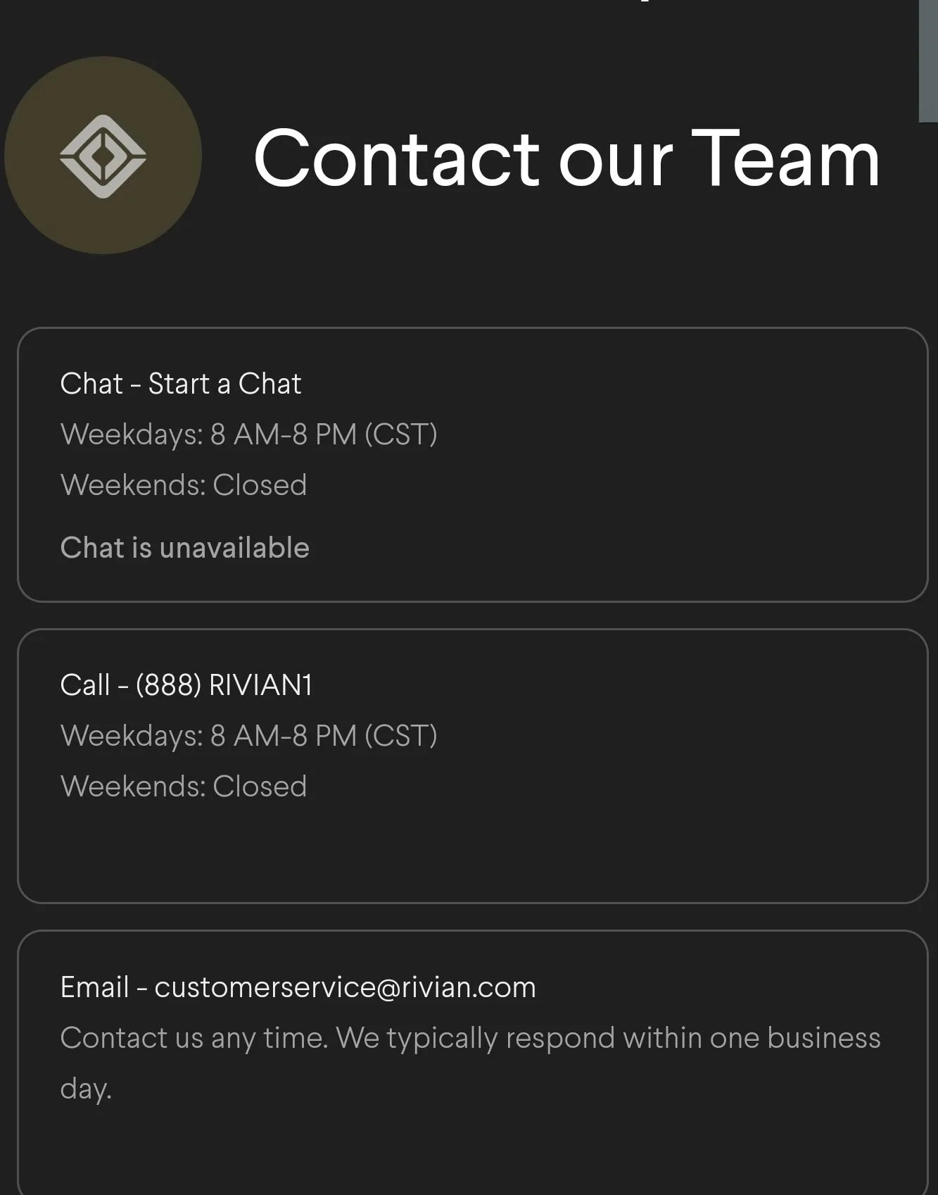 Rivian R1T R1S Rivian chat down? SmartSelect_20211026-135439_Samsung Internet