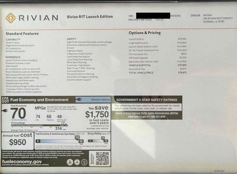 Rivian R1T R1S Rivian R1T LE Windows Sticker - VIN#102 download