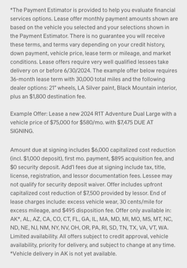 Rivian R1T R1S Advertising Lease Price Screenshot 2024-06-26 at 10.37.12 AM