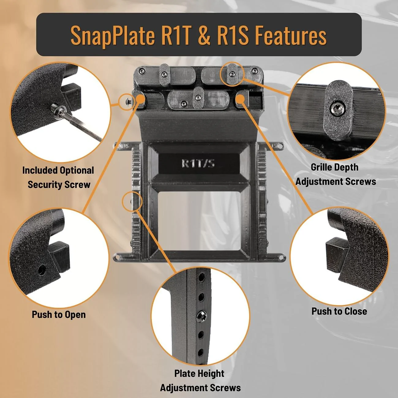 Rivian R1T R1S R1T/S Gen2 2025+ No-Drill Front License Plate Mount - SnapPlate | Removeable, Lockable, Height Adjustable, USA Made SnapPlate for 2025+ Rivian R1T & R1S Features