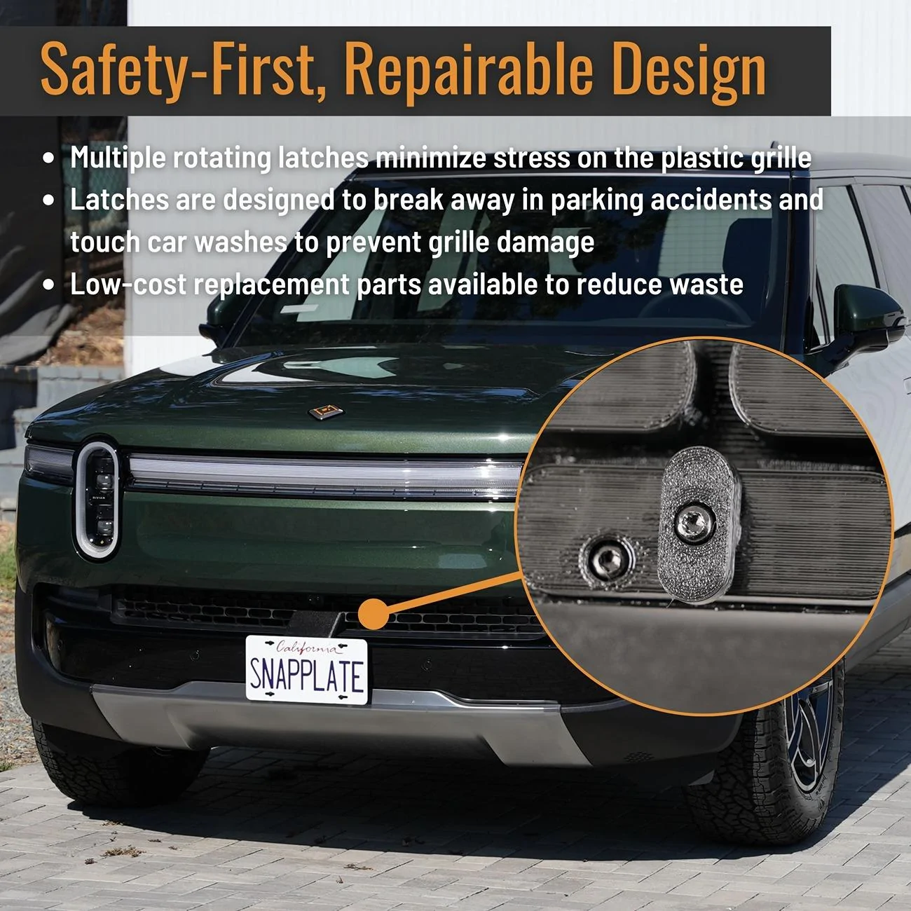 Rivian R1T R1S R1T/S Gen2 2025+ No-Drill Front License Plate Mount - SnapPlate | Removeable, Lockable, Height Adjustable, USA Made SnapPlate for 2025+ Rivian R1T & R1S Design