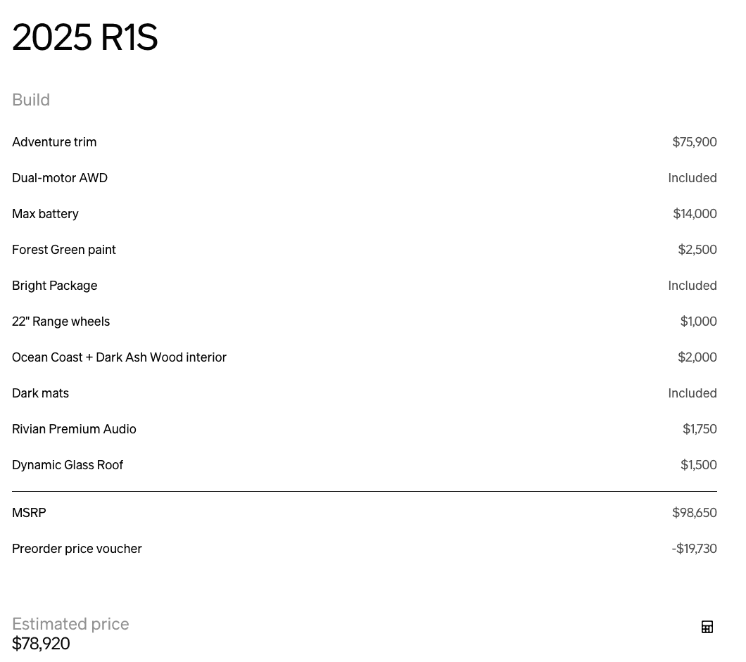 Rivian R1T R1S Gen 2 R1S price hold Screenshot 2024-07-29 at 9.27.21 AM