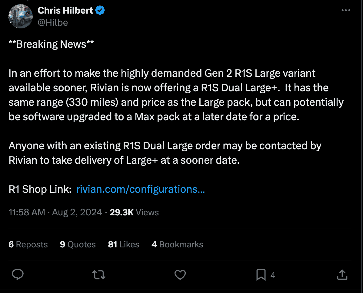 Rivian R1T R1S Rumor of new battery size: Large+ 1722646458647-hd