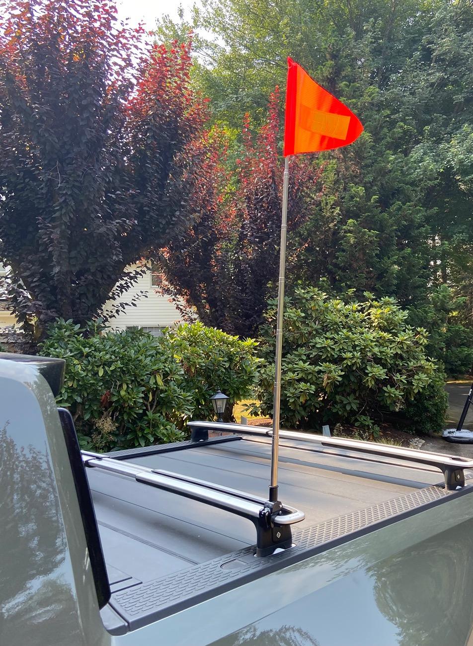 Rivian R1T R1S Inexpensive safety / dune flag compatible with Rivian crossbars IMG_8054