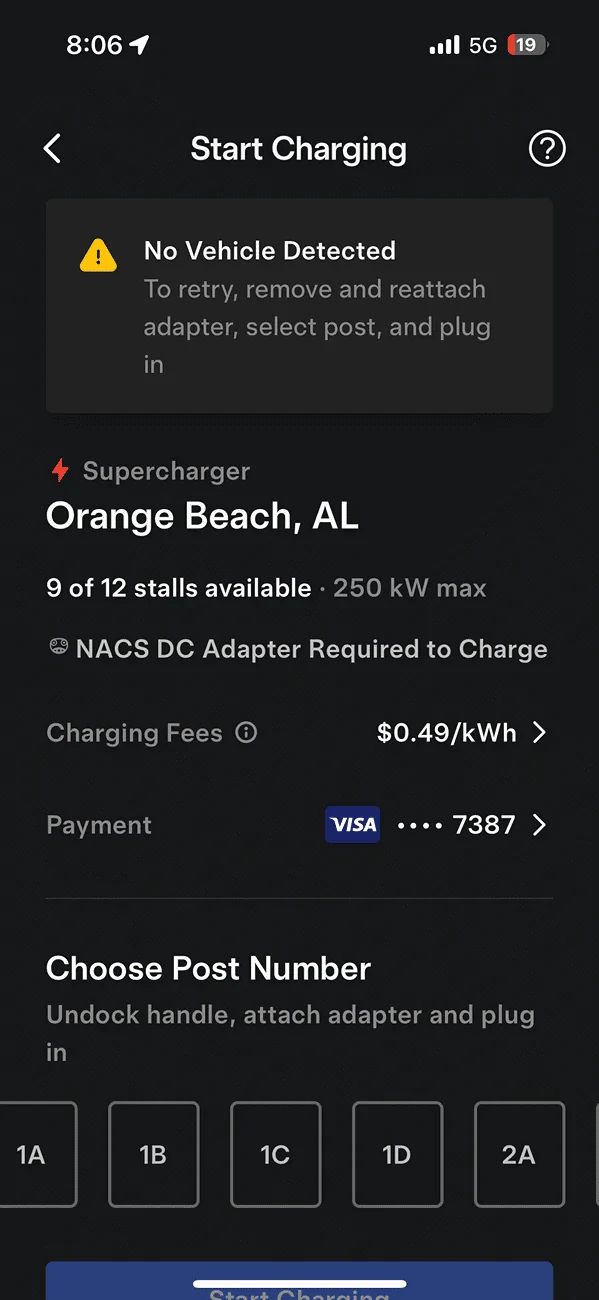 Rivian R1T R1S Unsuccessful using a2z adapter at Tesla supercharging station IMG_5036