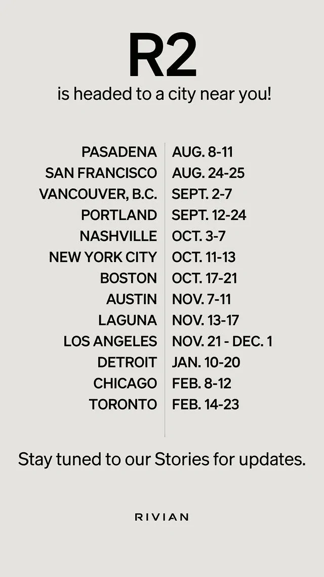 Rivian R1T R1S R2 Tour Cities / Destinations 1723486891177-sz