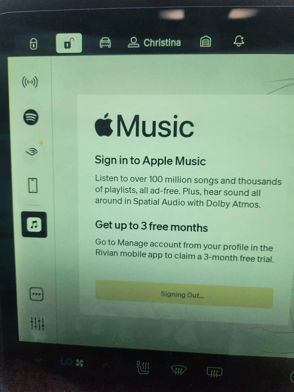 Rivian R1T R1S Apple music stuck (sign out is grayed out) 20240815_110616