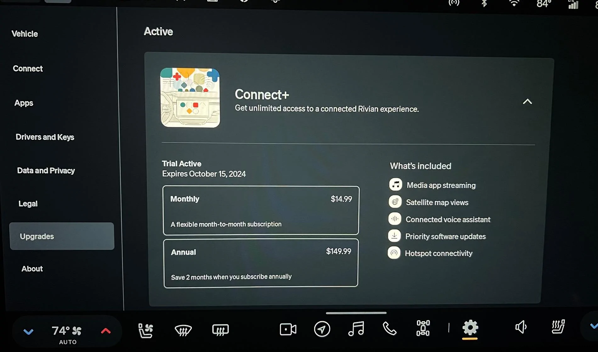 Rivian R1T R1S Connect+ Trial Subscription Status In-Car IMG_2864