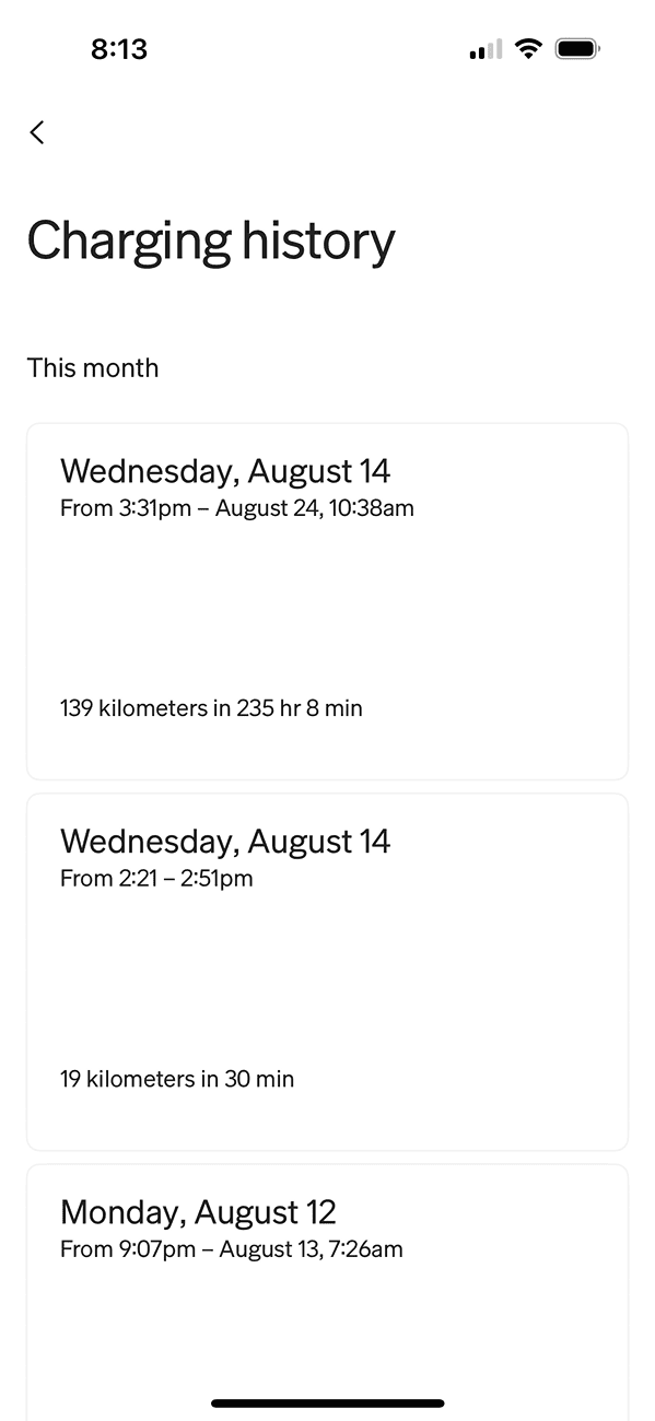 Rivian R1T R1S Rivian app shows charging history in kilometers IMG_0554
