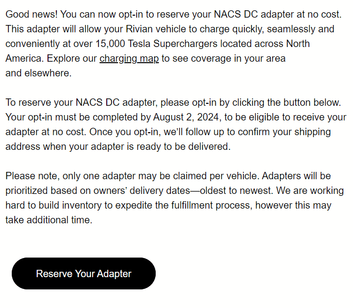 Rivian R1T R1S Gen2 NACS Adapter Opt-In Screenshot 2024-08-28 105237