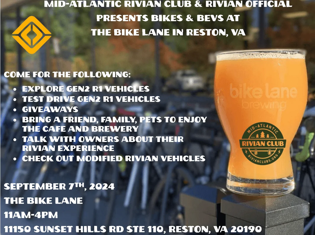 Rivian R1T R1S DC/MD/NOVA Rivian Official Event Meet-Up & Demo Drives at Bike Lane Brewing & Cafe (9-7) 11am to 4pm 1725375783790-4