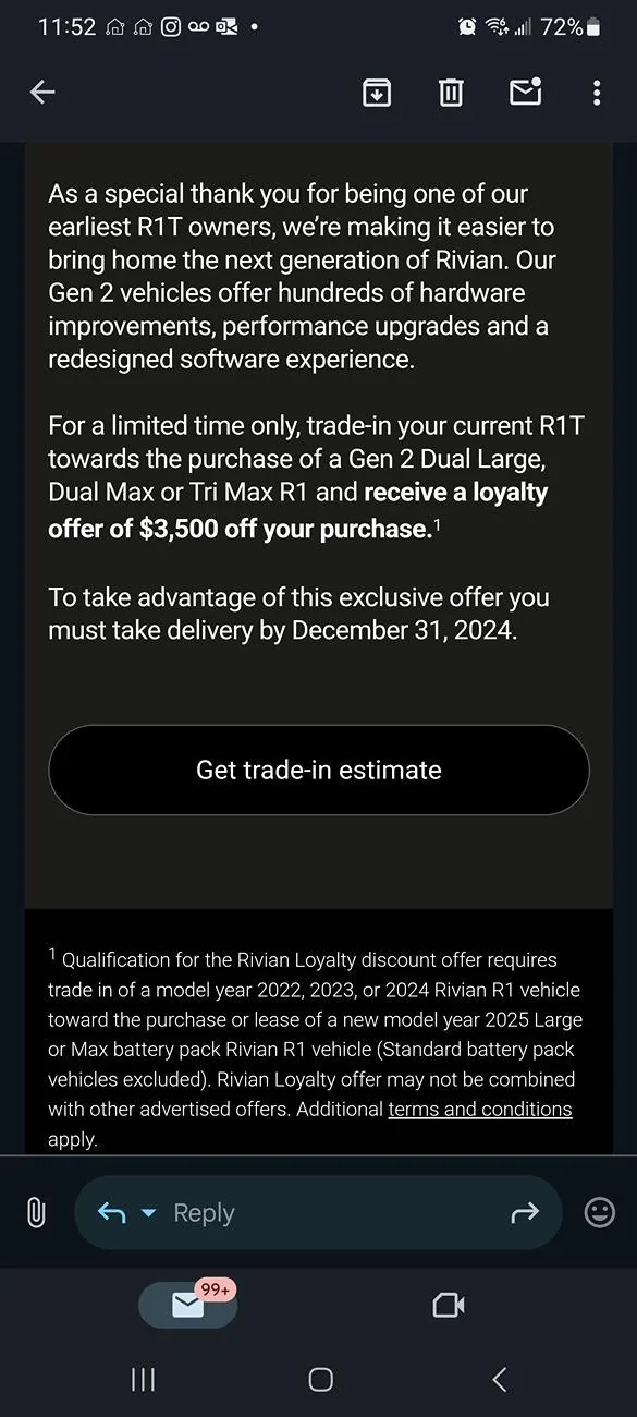 Rivian R1T R1S $3,500 Loyalty Discount for Gen 1 Owners toward Gen 2 Large or Max Pack R1 Screenshot_20241001_115200_Gmail