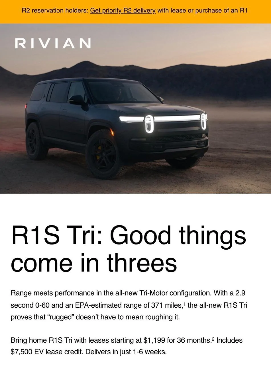 Rivian R1T R1S R1S Tri -- October Lease Offer r1s tri motor lease deal 