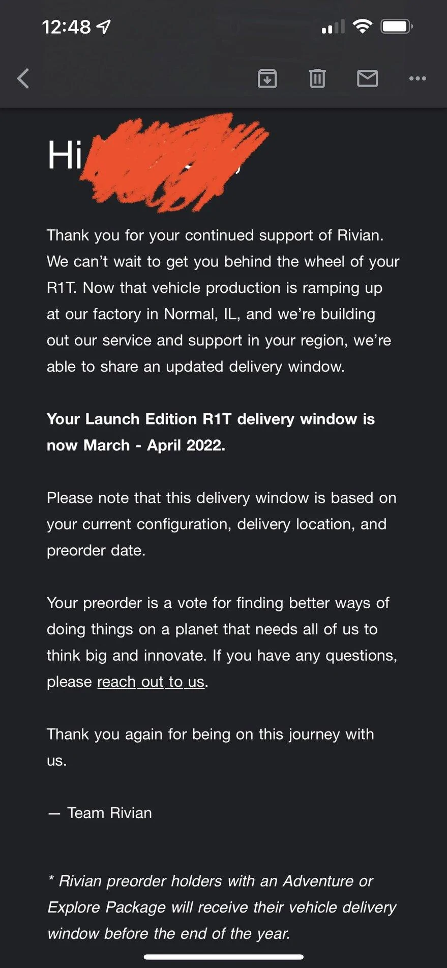Rivian R1T R1S ? Rivian Sends Delivery Window E-Mail. What’s Your Dates? => Vote in Poll! 38627AC1-41C9-4201-9F85-15C5704F9718