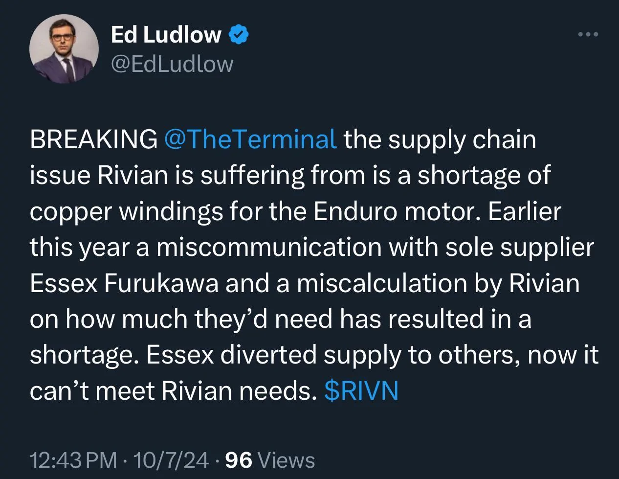 Rivian R1T R1S What part is Rivian missing that's causing supply / production issues? lxb8j03m1etd1