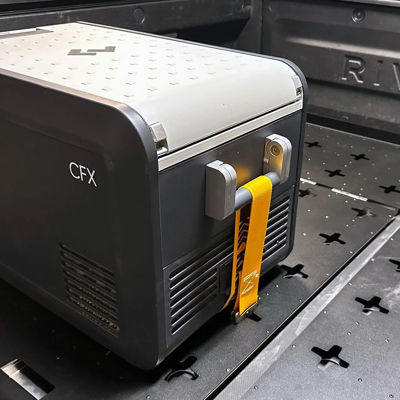 Rivian R1T R1S Thunderbolt Bed Glider now available to order Cooler_Strapped_Down