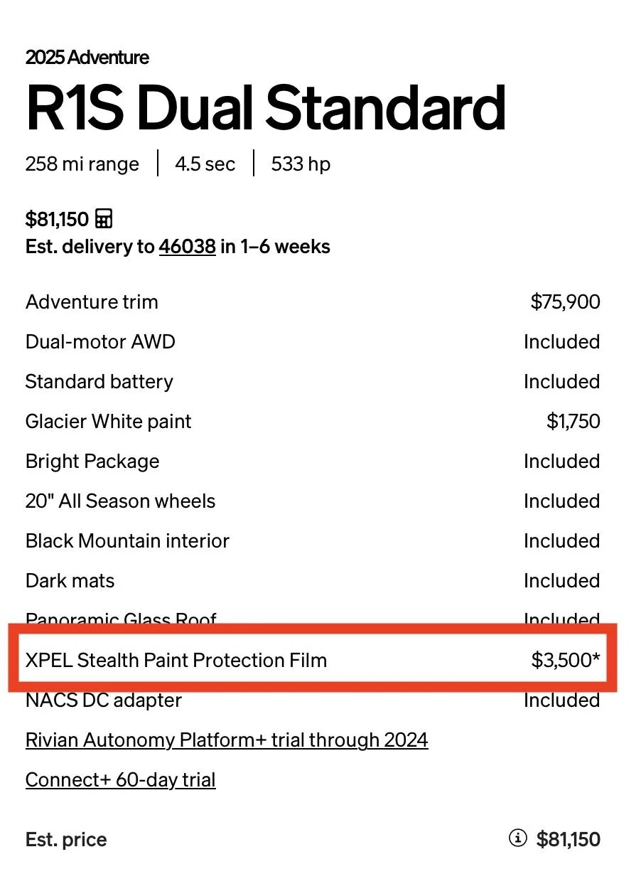 Rivian R1T R1S Factory Installed XPEL Stealth PPF Gets $1,000 Price Cut stealth