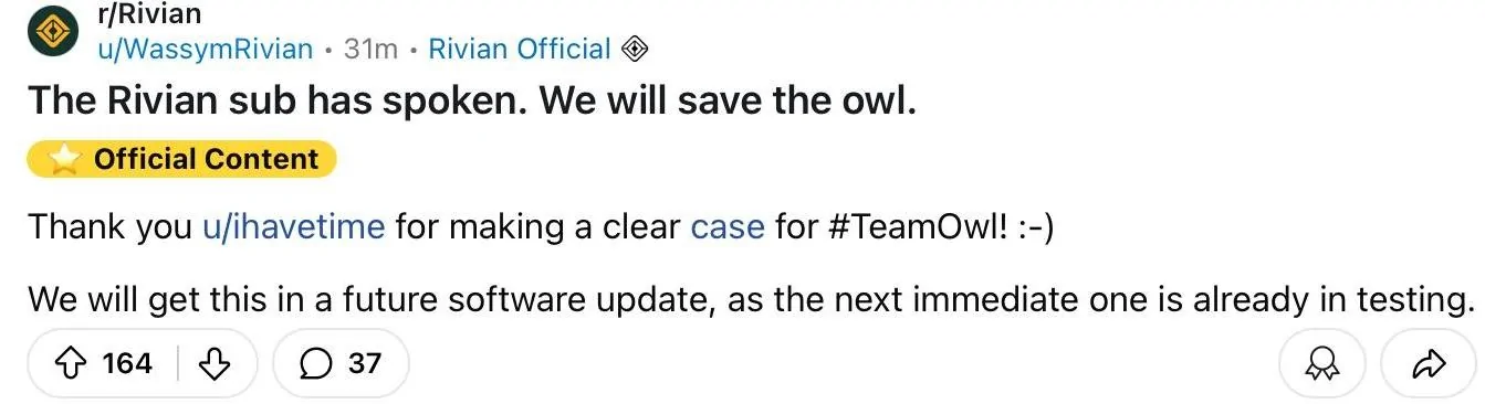 Rivian R1T R1S Wassym says “We will save the owl”! -- Owl sound returning in future software update 4BEFAD28-FEEC-4EC9-A129-50E758E79C5A