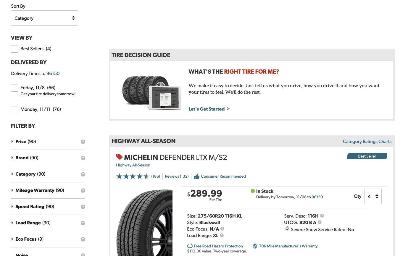 Rivian R1T R1S Michelin Defender LTX MS/2 all-season tire replacements for 20" ATs - considerable range improvement impact Screenshot 2024-11-07 at 7.12.32 AM