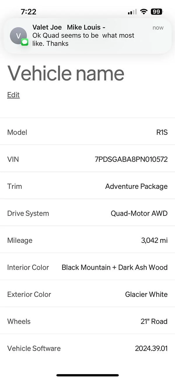 Rivian R1T R1S R1S Quad Motor 3k miles IMG_20241111_072635