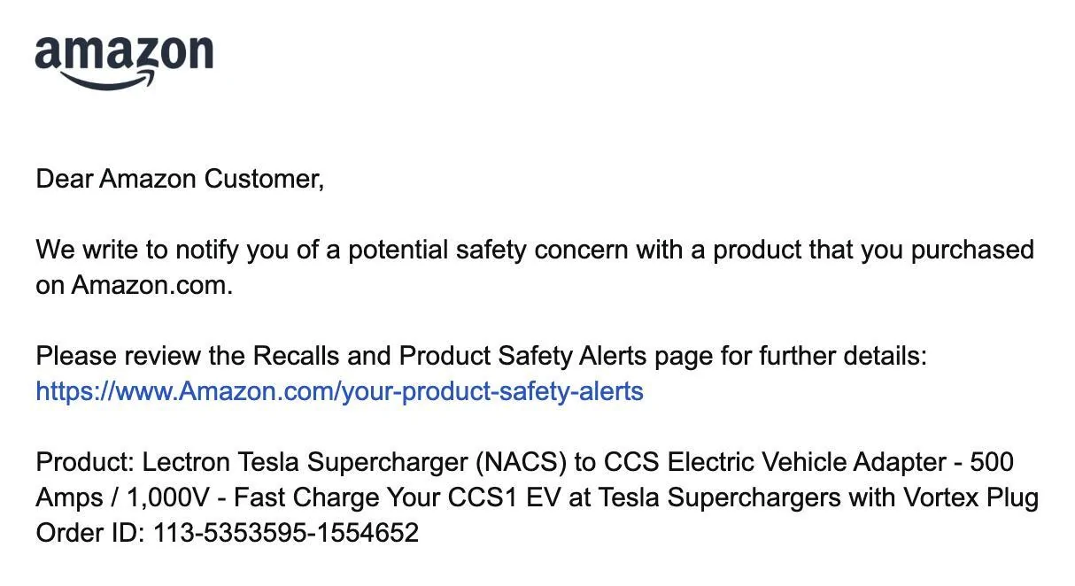 Rivian R1T R1S Lectron NACS to CCS Adapter Recall Notice (from Amazon) 1731697806754-n7