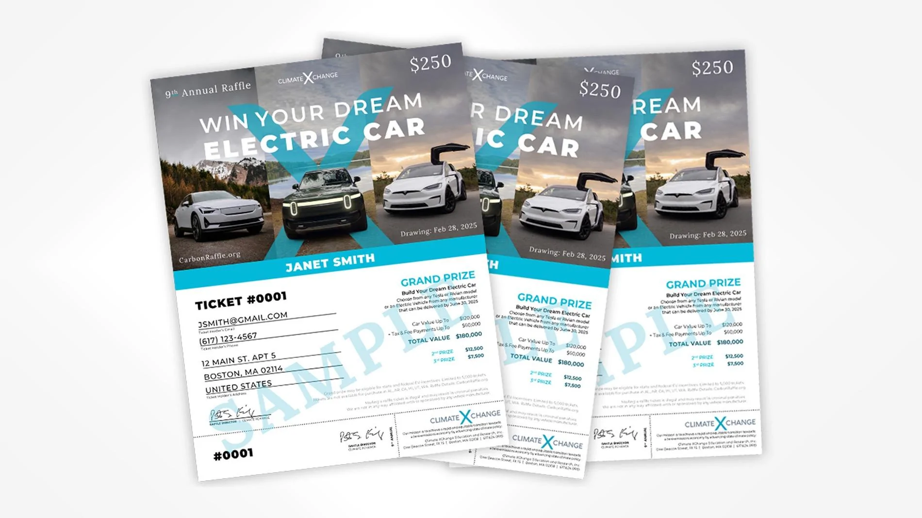 Rivian R1T R1S Win ANY EV priced at up to $120K, plus taxes paid, in Climate XChange's 9th Annual EV Raffle Sample Tickets with Background 9th Raffl