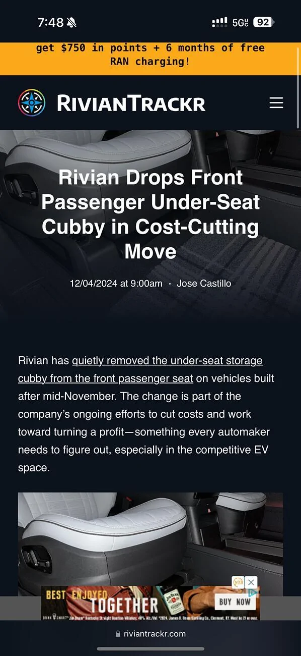 Rivian R1T R1S Under-seat front cubby gone from new builds IMG_1518