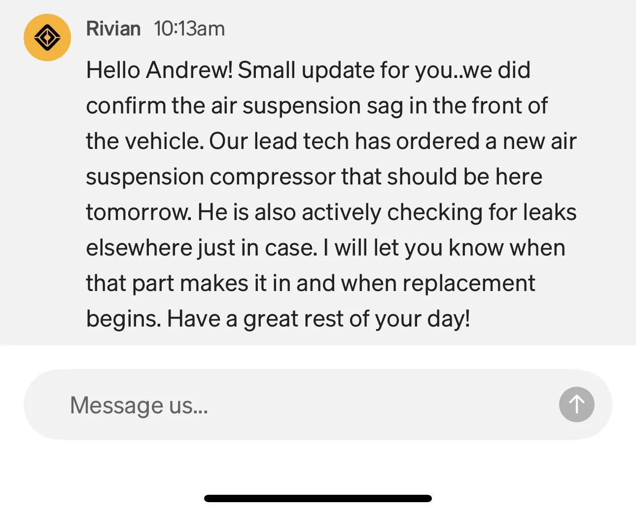 Rivian R1T R1S Front suspension drops overnight IMG_1208