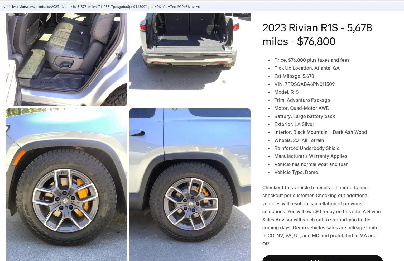 Rivian R1T R1S Huge drop of available demo vehicles in online shop Screenshot 2024-12-09 165856