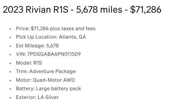 Rivian R1T R1S Huge drop of available demo vehicles in online shop Screenshot 2024-12-09 170116