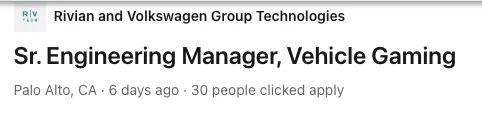 Rivian R1T R1S Interesting Job Post from Rivian/VW -- "Vehicle Gaming" 1734448207155-2m