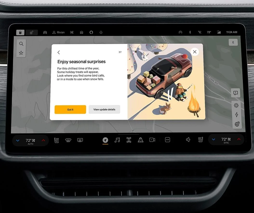 Rivian R1T R1S Update this week! Christmas treat, Youtube, Google Cast, Sirius XM, Pandora, Enhanced Lane Change, Scheduled Drive, Gen 2 KeyFob enhancement & fixes! Ge8kkrqXMAAr47O