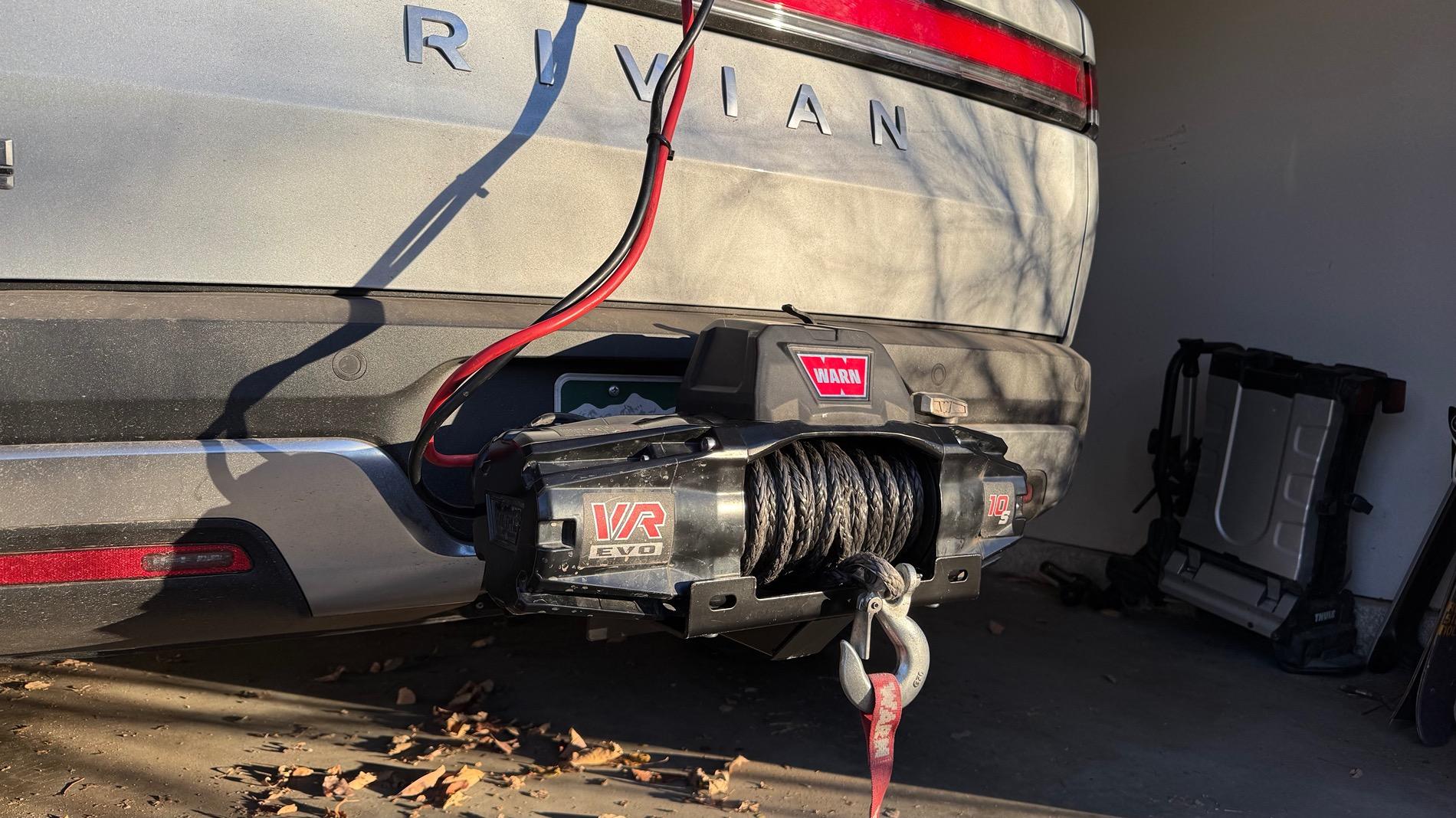 Rivian R1T R1S Winch attached to R1T trailer hitch IMG_2459