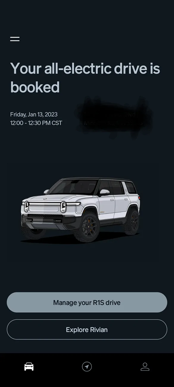 Rivian R1T R1S Demo Drive Reminder in app Screenshot_20250114-080052