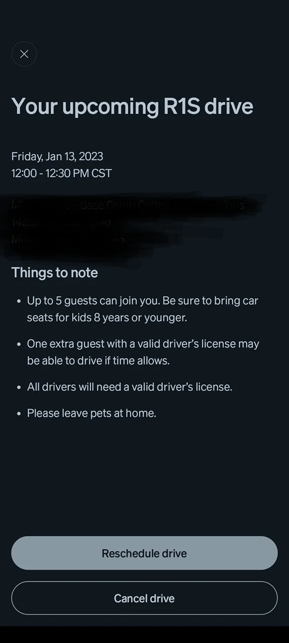 Rivian R1T R1S Demo Drive Reminder in app Screenshot_20250114-080348
