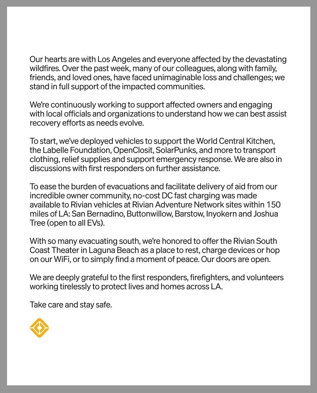 Rivian R1T R1S Rivian deploys vehicles and offers aid to victims of LA wildfires Screenshot 2025-01-14 at 2.55.25 PM