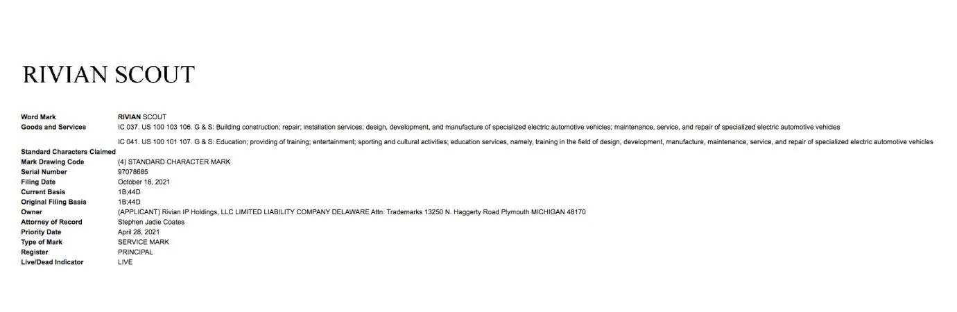 Rivian R1T R1S RIVIAN SCOUT trademarked for mobile service repair program / vehicles? rivian scout trademark
