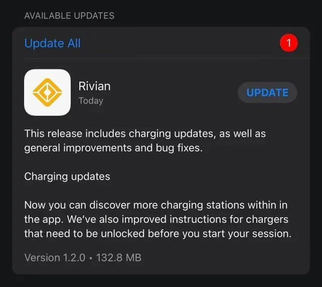 Rivian R1T R1S Rivian App updated today 12/17 - discover more charging stations rivian app v1.2.0