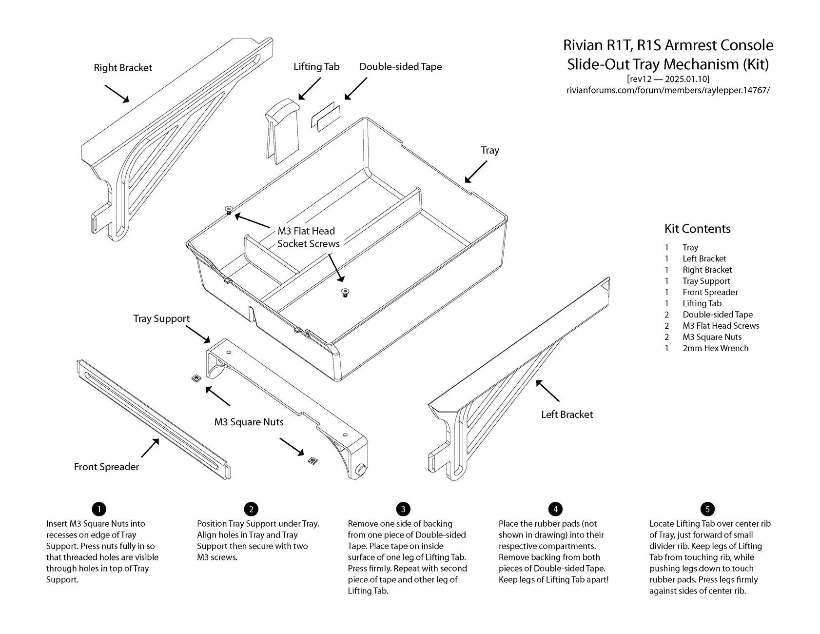 Rivian R1T R1S Slide-Out Armrest Console Organizer Tray [3D Print Your Own - STL Files] Slide Out Tray Assy Guid