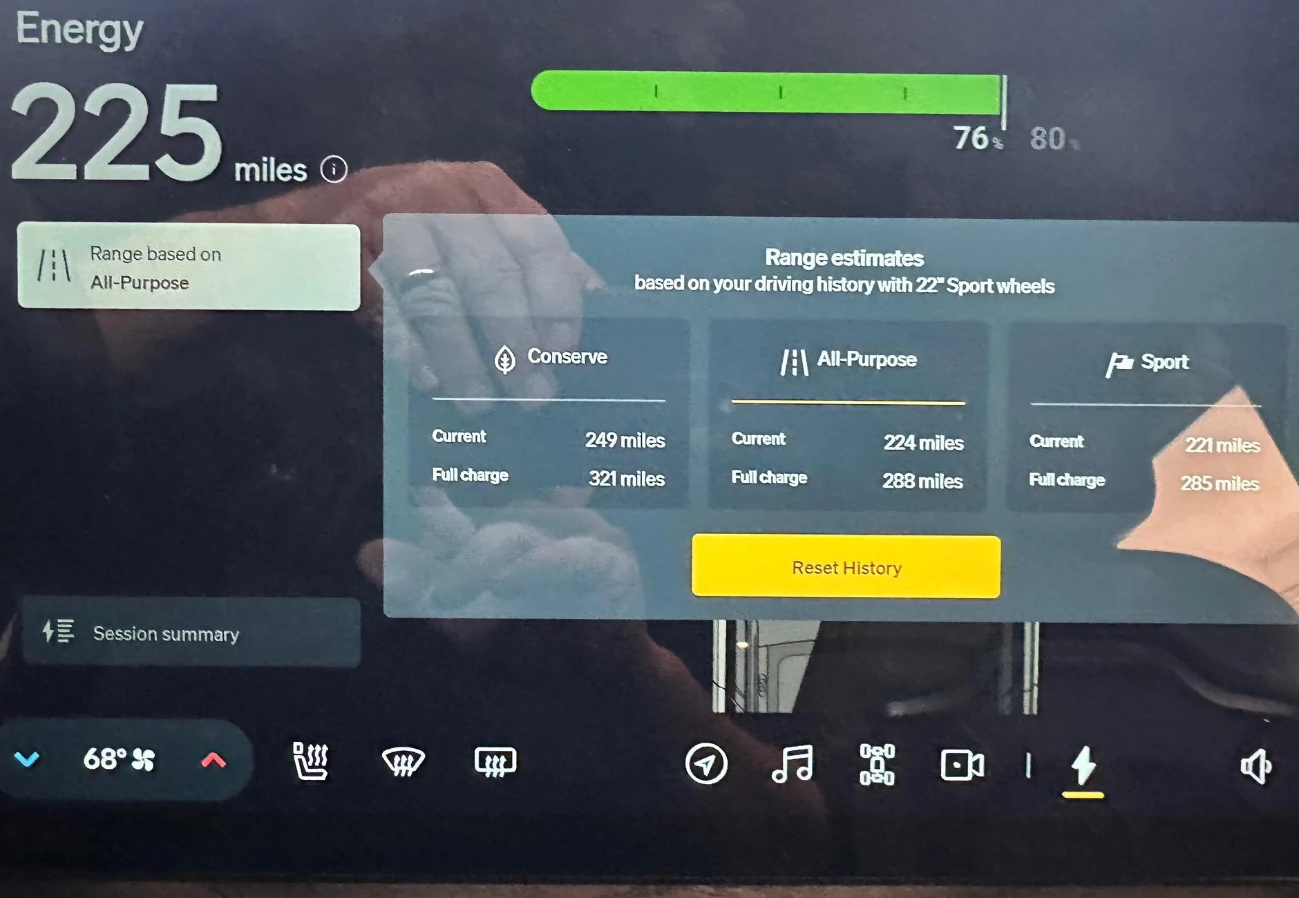 Rivian R1T R1S Higher range estimate in all purpose vs conserve FullSizeRender