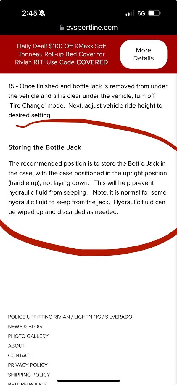 Rivian R1T R1S WARNING! EV Sportline Jack Fail! [PSA: Store a Bottle Jack in Proper Position] IMG_3297