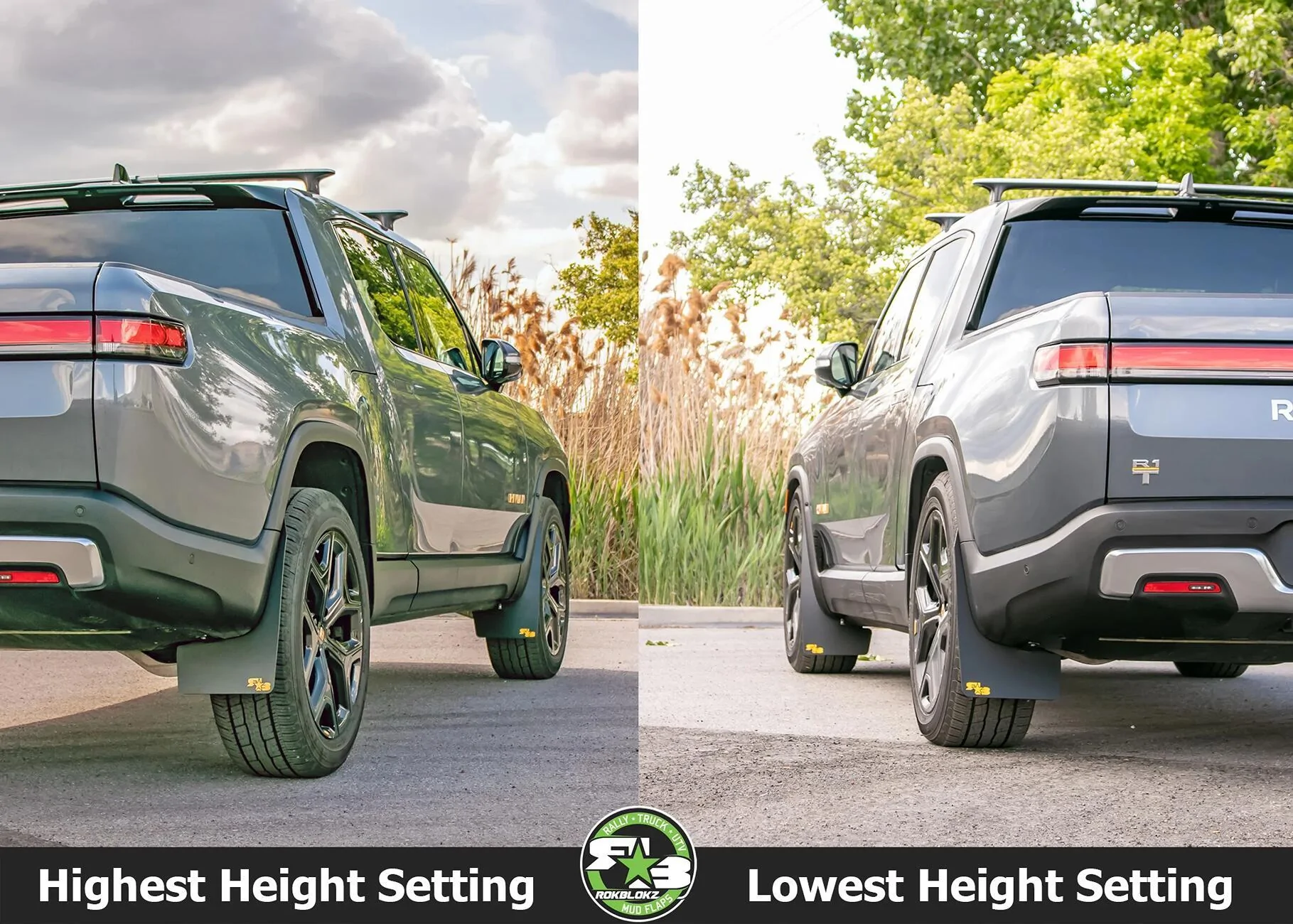 Rivian R1T R1S Definitely a big "NO" to mud flaps on the Rivian! Height Settings Compared