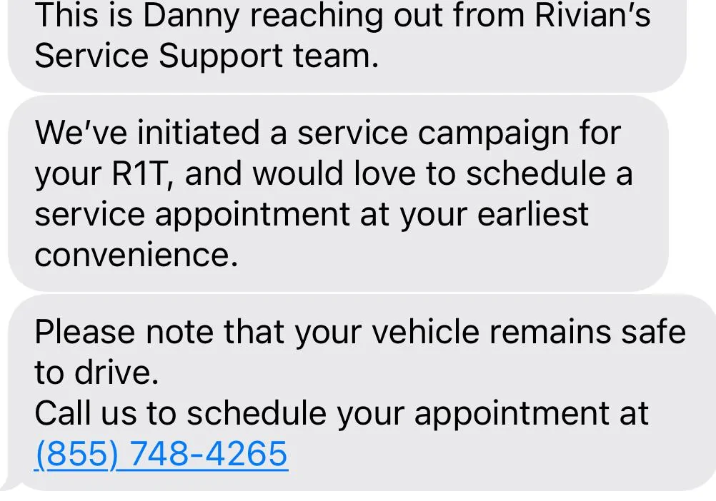 Rivian R1T R1S Service campaign message IMG_0065